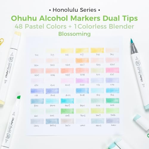 Ohuhu Pastel Alcohol Brush Markers- 48 Colors of Honolulu Blossoming- Alcohol Based Double Tipped Art Marker Set for Artist Adults Coloring Illustration- Brush & Chisel - Refillable - AP Certificated