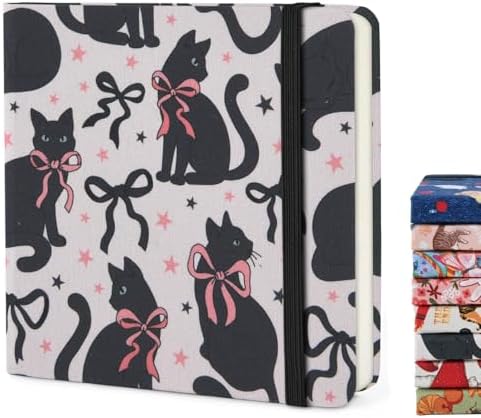 Handy Size 5 x 5 inches Sketch Book, 80GSM Acid Free Artistic Drawing Painting Writing Paper, Hardcover Cloth Cover Art Sketchbook,Journal Notebook.Bow Black Cat