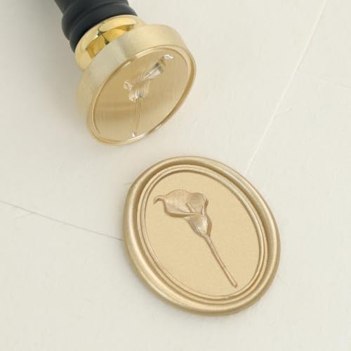 UNIQOOO 3D Embossed Relief Calla Lily Wax Seal Stamp with Wooden Handle, Vintage Brass Floral Botanical Sealing Stamp Head for Wedding Invitations, DIY Crafts, Envelopes, Gift Wrapping
