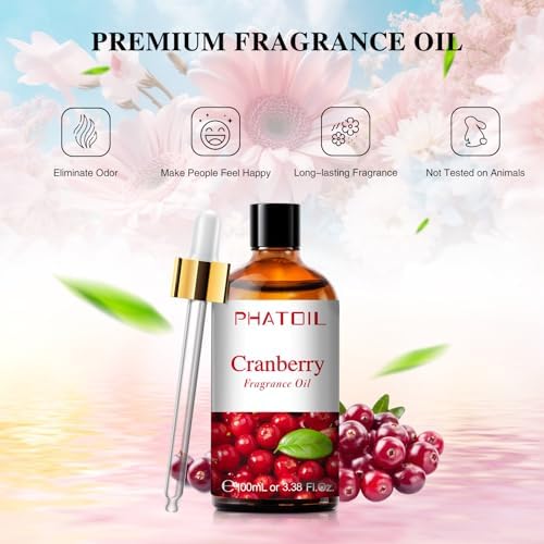 PHATOIL Cranberry Fragrance Oil for Diffuser Aromatherapy 3.38FL.OZ | Long Lasting Scented Oils For Humidifier, Air Freshener, DIY Soap Candle, Scent Project Making, Aroma Oil for Home Freshening