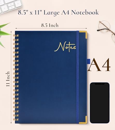 Hardcover Spiral Notebook Journal 8.5” x 11”, A4 Large Leather Notebooks for Women Men, Lined College Ruled Notebook, 100 GSM Paper, Spiral Bound Journals for Work School Note Taking Business, Navy