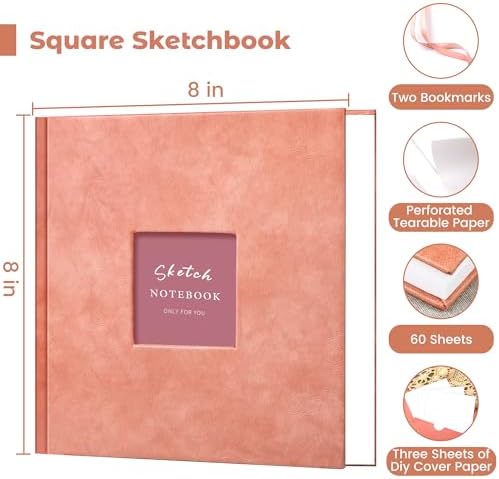 Sketchbook for Drawing, Square Hardcover Sketch Book,200GSM,8 x 8,Pink