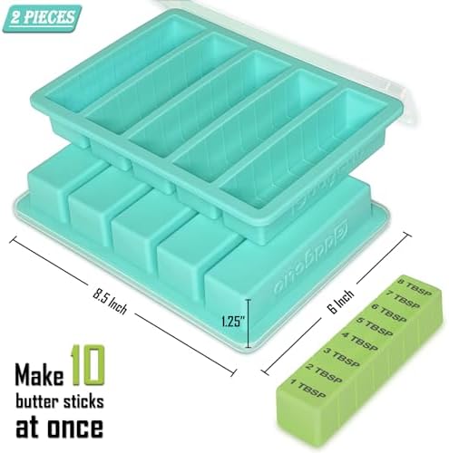 Silicone Butter Molds with Lid, Non-Stick Butter Tray with Butter Knife and Spatula, Reinforced Steel Frame Inside, Perfect for Making 5 Standard 8 Tbsp Butter Sticks, Energy Bar, 2 Pcs