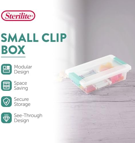 Sterilite Small Clip Box, Stackable Small Storage Bin with Latching Lid, Plastic Container to Organize Office, Crafts, Clear Base and Lid, (Pack of 6) | Storage Containers with Latching Lids for Writing, Arts or Crafts Supplies - Home, Office, Classroo...