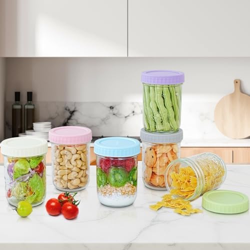 Miuyhji Overnight Oats Containers with Lids, 16 oz Glass Mason Jars, 6 Pack