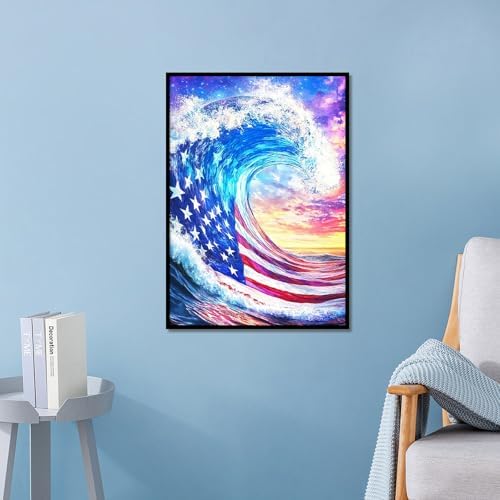 MVVMTOP 4th of July Diamond Painting Kit for Adults, Patriotic Independence Day Decor with American Flag and Wave, 5D Full Drill Round Diamond Art Kit, DIY Crystal Rhinestone Embroidery Painting