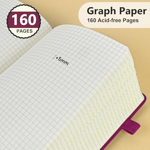 Graph Paper Notebook 5.9"×8.5", 160 Pages Grid Notebook, A5 Graphing Paper | Hardcover Leather Journal for Women & Men,100 Gsm, Grid Spacing 5mm x 5mm, Medium Size, Grid notebook for Work, School, Math