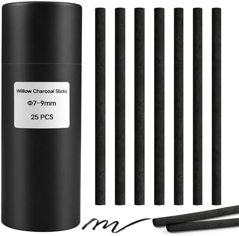 Willow Charcoal Sticks, Natural Willow Charcoal Pencils for Artists, Beginners, Students, Great for Sketching, Drawing, and Shading, Pack of 25 (7-9, Millimeters)