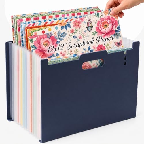 12x12 Scrapbook Paper Storage Organizer, Expandable 13 Pocket Desktop Paper Organizer Storage for Scrapbook Essentials, Large Scrapbook Storage for Photos, Washi Tape, Sticker (Dark Blue)