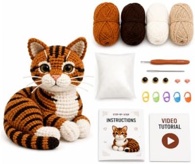 Crochet Kit for Beginners Orange Tabby Cat DIY Animal Set with Video Guide