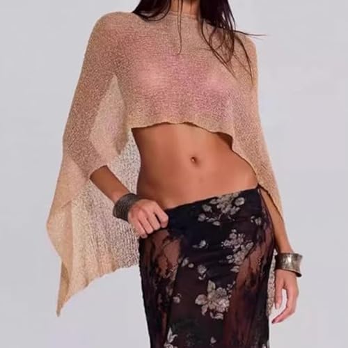 Nicoxijia Women Y2K Sheer Knit Poncho Top Lightweight Summer Beach Knit Shrug Shawl Bolero Off Shoulder Mesh Sweater Cover Up