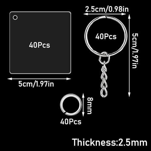 120Pcs Acrylic Keychain Blanks, BetterJonny 40Pcs Square Key Tags with Key Chain Rings and Open Rings Unfinished Clear Ornament for DIY Crafting & Vinyl Projects
