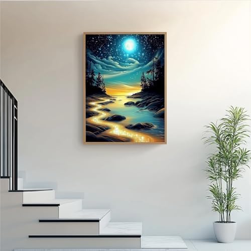 DIYDECORFUN Moon Beach Diamond Art Kit for Adults,5D Full Drill Round Diamond Dot Painting for Beginners,DIY Paint with Diamond Beach Gem Art Painting Adult Crafts for Wall Decor 12x16Inch