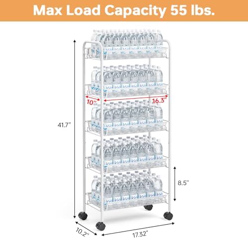 TOOLF 5 Tier Rolling Cart, Metal Utility Storage Cart with Wheels, White | 3 Hooks, Screwless Assembly, Trolley Organizer for Bathroom, Kitchen, Office, Nursery, Dorm, Laundry Room