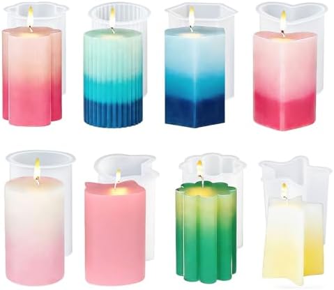 8PCS Silicone Candle Molds Set - Cylinder/Hexagon/Star/Heart/Flower/Cat Head Shapes for DIY Candle Making, Soap, Resin Crafts, Reusable and Easy Release Candle Making Kit with Multiple Shape and Sizes