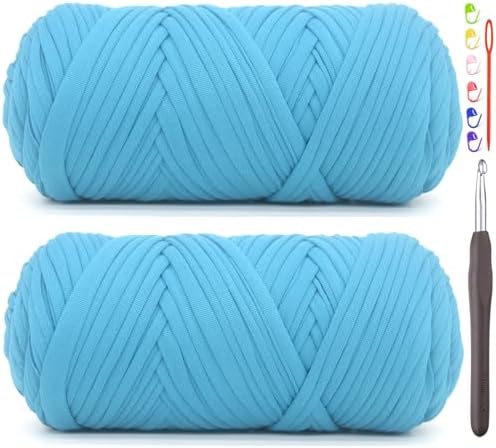 2 Pack Tshirt Yarn for Crocheting,Lake Blue T Shirt Chunky Elastic Fabric Thick T-Shirt Crochet Yarn for Beginners Crocheting Hand Knitting Bag/Basket/Coasters/DIY Crafts/Home Decor 2*200G(Lake Blue）