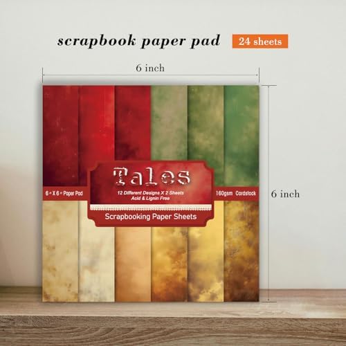 Vintage Color Scrapbook Paper Pad - 6x6 In 24 Sheets Designed Decorative Decoupage Folding Cardstock Supplies for Journals DIY Crafts Gift Wrapping Planners Photo Album