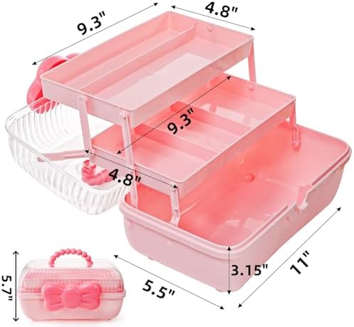 Noamus 11" Three-Layer Multipurpose Storage Box, Clear Plastic Art Craft Organizer, Portable First Aids Case with Handle Trays for Kids, Sewing Makeup Nail Hair Accessories, Home School Office(Pink)