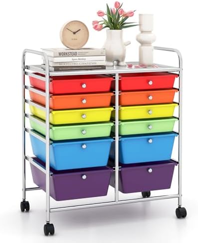 LDAILY 12 Drawer Rolling Storage Cart, Craft Cart Organizer on Wheels w/Metal Frame, Large Capacity & Smooth Drawer, Rolling Cart w/Drawers for Classroom, Office