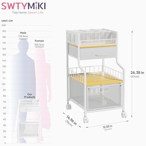 SWTYMIKI Under Desk Storage Cart- Art Storage Cart with Drawers & DIY Divider - Office Cart Organizer Under Desk Shelf, Craft Rolling Cart for Office, Craft Room & Studio White