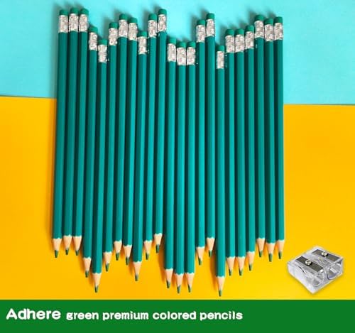 Adhere 25pcs Checking Pencils Erasable colored Pencils Pre-Sharpened #2 HB,for Checking Tests Grading,Map Coloring, editing Office Favors,including a Free sharpener. (Green)
