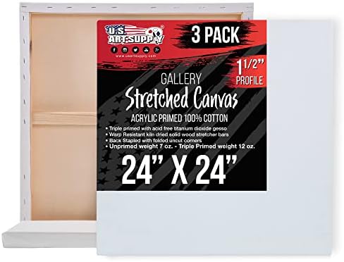 U.S. Art Supply 24"x24" Stretched Canvas for Painting, Gallery Depth 3-Pack | Large, 1-1/2" Thick - 12oz Acrylic Gesso Triple Primed, Professional Artist Quality, 100% Cotton - Oil, Pouring Paint