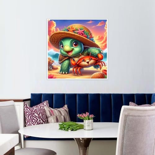 Sea Turtle Beach Diamond Painting Kits for Adults, Adorable Animal Diamond Art Kits for Beginners, 5D DIY Full Drill Round Diamond Dots Gem Arts and Crafts Suitable for Home Wall Decor 14 × 14 Inch