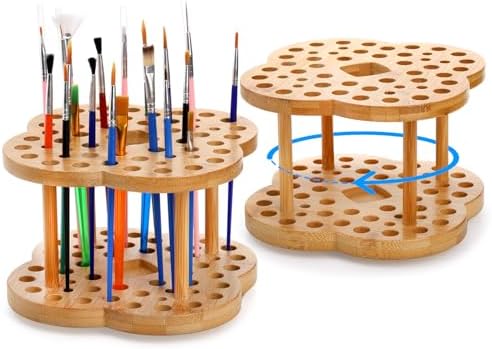 Foraineam 2 Pack Rotating Paint Brush Organizer Holder - 53 Holes Bamboo Display Drying Stand - Artist Watercolor Brush Stand Rack Art Supply Storage Organizer