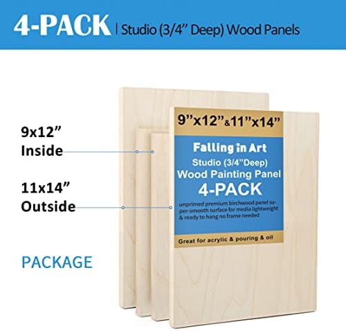 Falling in Art 4 Pack 11x14 & 9x12 Unfinished Birch Wood Canvas Panels Kit | Studio 3/4’’ Deep Cradle Boards for Painting, Pouring, Burning, Crafts, Epoxy Resin, Laser Engraving Cutting
