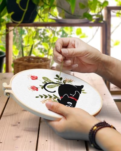 TINDTOP 2 Pack Embroidery Kit for Adult Beginners, Embroidery DIY Starter Kit, with Black Cat and Flowers Stamped Patterns, Hoop, Tools, Colorful Threads with Needles, Instructions