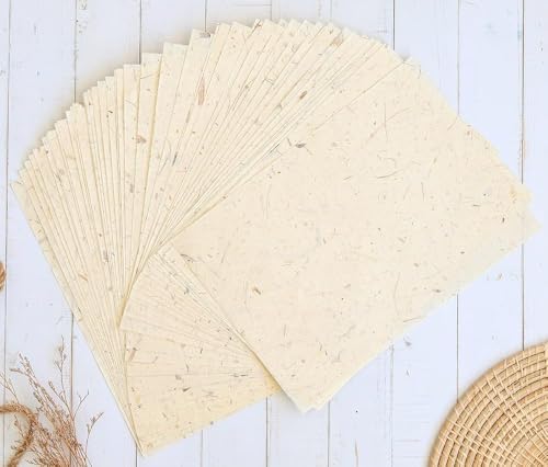 Vintage A5 50 Sheets Natural Fiber Banana Bark Mulberry Paper Sheets Art Tissue Washi Paper Design Craft Art Origami Suppliers Card Making 8.3" x 5.8". (Banana Bark Ivory, A5)