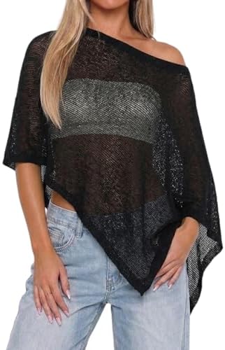 Womens Sheer Poncho Tops Lightweight Knitted Shrug Crochet Mesh Cover Up Summer Beach Shawl