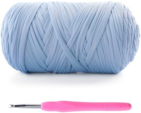 Tshirt Yarn for Crochet - 400 g/130 yds T Shirt Yarn for Crocheting Bags/Baskets/Home Decor - Soft Elastic Fabric T-Shirt Yarn with 1 Crochet Hook (1, Light Lake Blue)