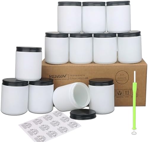 MILIVIXAY 12 Pack 8 OZ Thick Glass Frosted White Candle Jars with All Black Metal Lids-Bulk Empty Candle Jars for Making Candles-Canning Jar for Spice, Liquid, Sample- Dishwasher Safe.