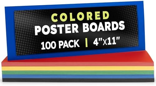 Hygloss Small Colored Poster Board 4x11 - 100 Assorted Standard Color Bulk Pack - Red, Yellow, Green, Blue, Black - 10 Pt. Thickness Poster Board Paper - Posterboard Multipack 4" x 11"