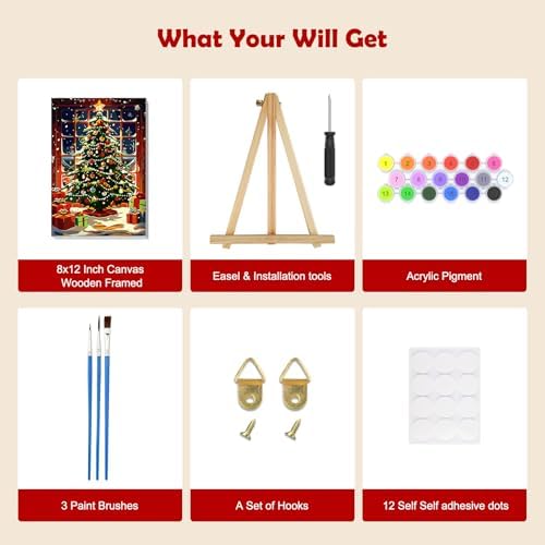MOGTAA Christmas Paint by Numbers Kit for Adults Beginners with Frame, Christmas Tree Adult Paint by Number Kits on Canvas with Easel, Easy DIY Oil Painting Kits for Home Decor, 8x12in