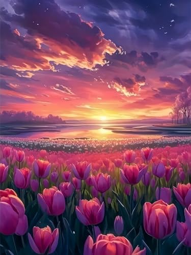 Tulip Flower 5D DIY Diamond Painting Kits for Adults, Diamond Art Kits for Beginners, Full Drill Dot Painting Gem Art Kits for Home Wall Decor11.8 x15.7 Inch