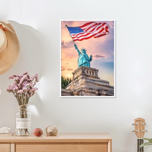 4th of July Diamond Painting Kit for Adults, Patriotic Independence Day Decor with American Flag and Statue of Liberty, 5D Full Drill Round Diamond Art Kit, DIY Crystal Rhinestone Embroidery Painting