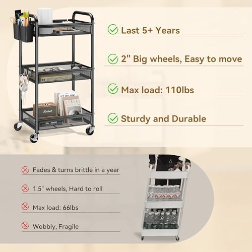YASONIC 3 Tier Metal Rolling Cart, Black Utility Storage Cart with Wheels | Metal Mesh Craft Cart With Hooks & Hanging Cups, Ideal For Kitchen, Bathroom, Office, Dorm, Art Workspace, Bedside Storage