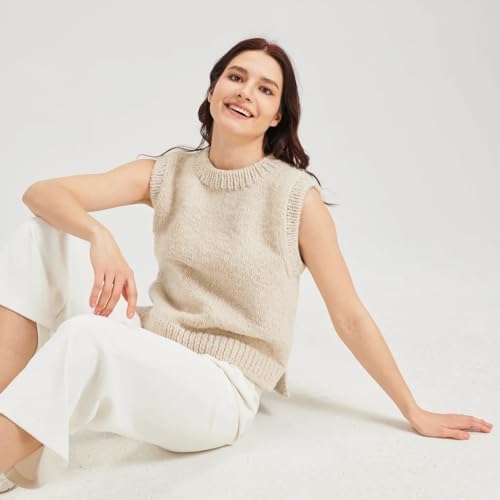 Chic Loops Knitting Kit for Beginners, Knitted Sweater Beginner Crochet Kit for Adults, Crochet Women's Round Neck Sleeveless Pullover Vest with Instruction(Birch,SA)