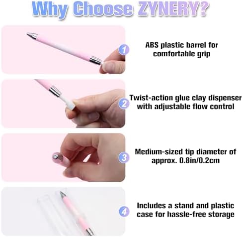 ZYNERY Diamond Art Pen, Diamond Painting Pens Refillable, Glue Clay Pens for Rhinestones, Gem Art Rhinestone Picker Tool for 5D Gem Painting Includes 6 Glue Clay Refills (Pink-White)