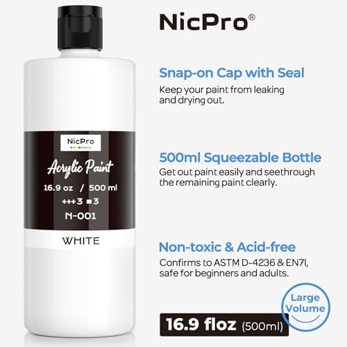 Nicpro 3 Pack White Large Acrylic Paint (16.9 oz, 500 ml), Rich Pigments | Non Toxic Craft Paint for Multi Surface, Canvas, Wood, Leather, Fabric - Art Painting Supplies for Beginner, Artist & Adult