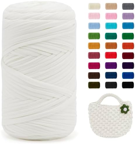 JeogYong T-Shirt Yarn, 400g/131 Yards Elastic Fabric Crochet Cloth T Shirt Yarn, Thick Hand Knitting Polyester Fabric Ribbon for Crocheting Bags/Baskets/Rugs, Home Decor, DIY Crafts (Cream)