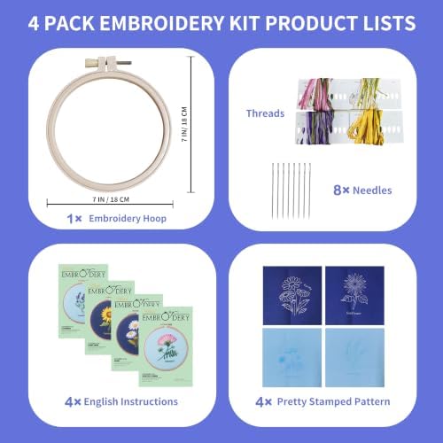 4 Pack Beginner Embroidery Kit for Adults with Tool & Instruction