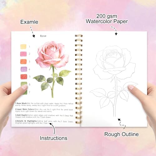 Watercolor Workbook for Adult Beginner, Flower Water Coloring Book