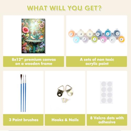 Bowetile Framed Paint by Numbers Bird Kit for Adults, Adults' Paint-by-Number Kits on Canvas, Painting by Numbers Flower, Acrylic Fountain Number Painting Gifts for Home Wall Decor, 8x12in