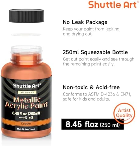 Shuttle Art Metallic Copper Acrylic Paint, 8.45 oz (250 ml) Copper Leaf Paint With Brush, Non Toxic, Non Fading Copper Paint for Crafts, Metal, Wood, Clay, Ceramic, Canvas, Furniture