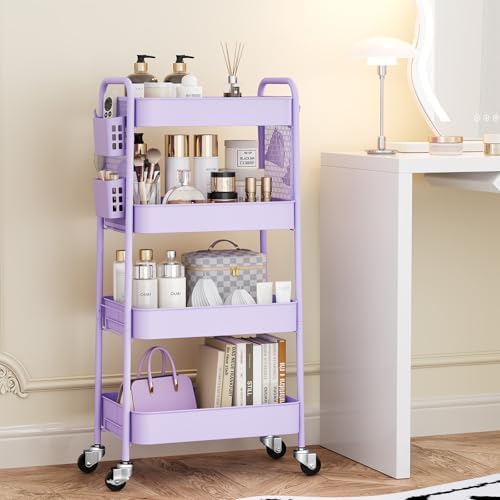 TOOLF 4 Tier Rolling Cart, Metal Utility Storage Cart with Pegboard, Purple | 2 Bins & 4 Hooks, Screwless Assembly, Lockable Wheels, Trolley Organizer for Bathroom, Kitchen, Office, Dorm, Craft Room