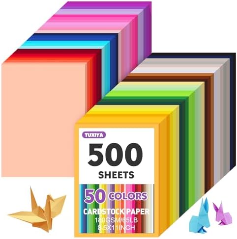 TUXIYA 500 Sheets 8.5" X 11" Colored Cardstock, 50 Colors Card Stock | 50 Assorted Colors Construction Paper Printer Paper for Printing, Card Making, DIY Crafts, School Supplies,Party 180GSM/65LB