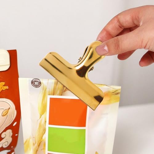 2Pcs Gold Chip Clips, 3 Inch Wide Stainless Steel Brass Notebook T Clip, Heavy Duty Food Bag Clamp, Vintage Retro Hinge File Bill Holder Sealing Air Tight Clips Modern Kitchen Office Accessories